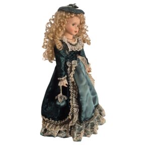 Muñeca decorativa de porcelana y tela con vestido victoriano